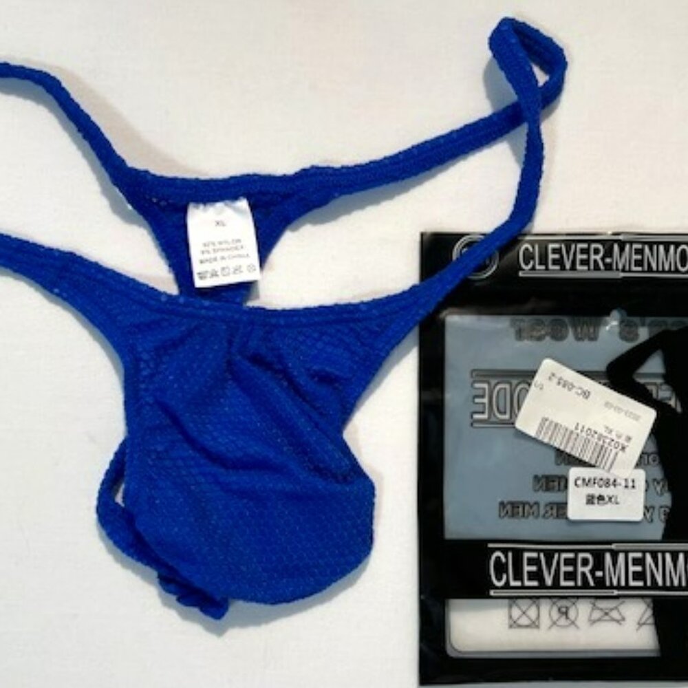 Men's  Waffled See-Through "T-Back" Thong - Blue - Pouch - Picture 3 of 11